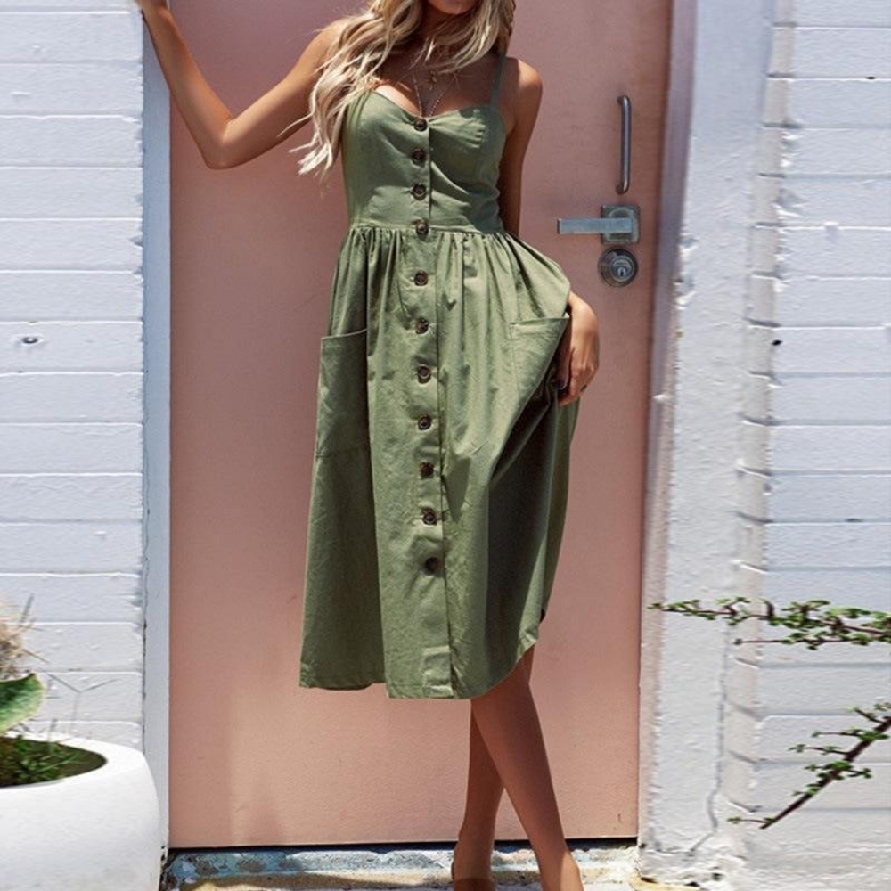 Candace Size S Dark Sea Green Vintage Button Accent Summer Dress